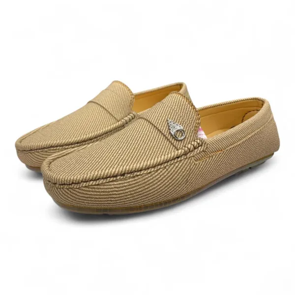 Gray Fabric Loafers — Moccasin Style with Metal Emblem |